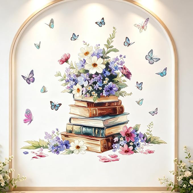 Vintage Stacked Books Floral Flower Butterfly Wall Decals Decor Stickers | Elegant books peel and stick wall decor, wildflowers & butterflies removable vinyl wall art for library bedroom study room - Image 3