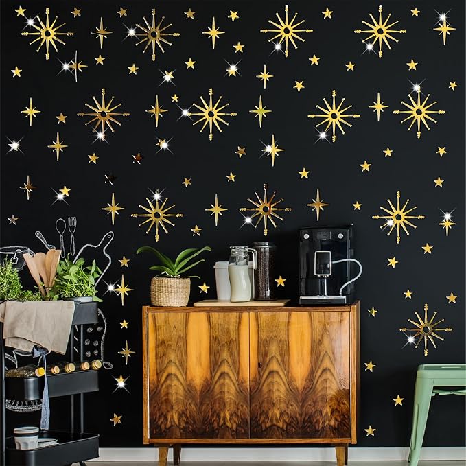 Star Wall Decals MCM Starburst Stickers Golden Mirror Decal Peel and Stick | Celestial decor, sparkle wall stickers, modern mid century decor, removable art mural, for kids bedroom living room farmhouse - Image 3