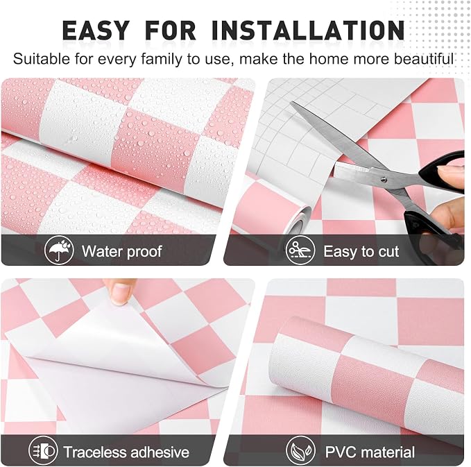 Pink and White Contact Paper Mosaic Checkered Peel and Stick Wallpaper 17.3"x300" Self Adhesive Waterproof Vinyl Roll for Bathroom Kitchen Backsplash Cabinets Shelf Liners Drawers - Image 2