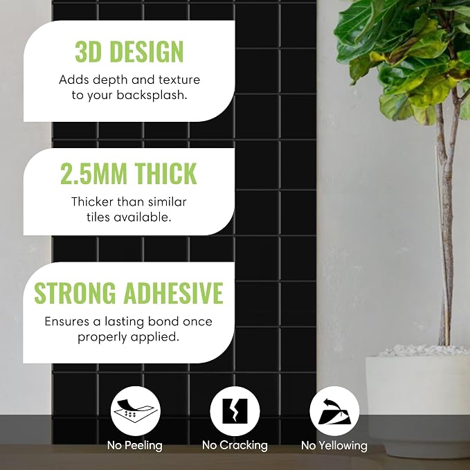 Select 5 Pack Peel and Stick Backsplash Square Tiles, 12x12 in, Black | Extra Thick 3D Wall Panels, Heat & Water Resistant, Easy DIY Kitchen, Bathroom, Laundry, Fireplace & Rental Home Wall Décor - Image 2
