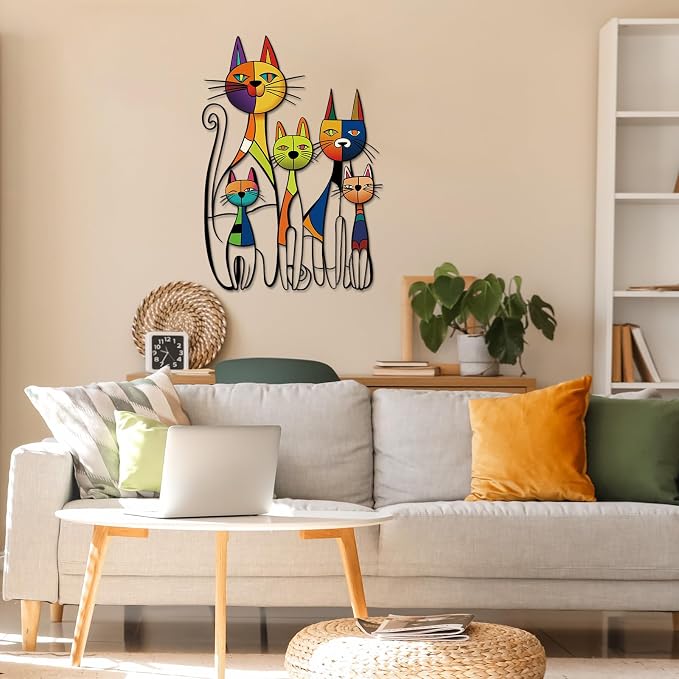 Wesiti Cat Wall Art Metal Sculpture, Colorful Mid Century 10.6x15.7 Inch | Iron Metal Wall Decor for Cat Lovers, Retro Geometric Art Design, Ideal for Living Room Bedroom Office - Image 6