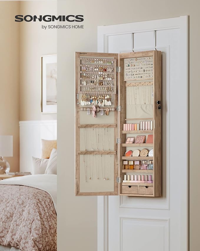 SONGMICS 6 LEDs Mirror Jewelry Cabinet, 47.2-Inch Tall, Lockable - Image 2