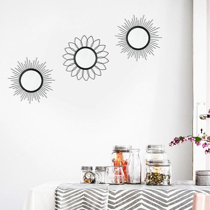 3 Pack Metal Mirrors for Wall Sunburst Wall Mirrors Home Décor Decorative Hanging Wall Art for Living Room Bedroom Entryway (Black, Flower+Sunburst) - Image 3