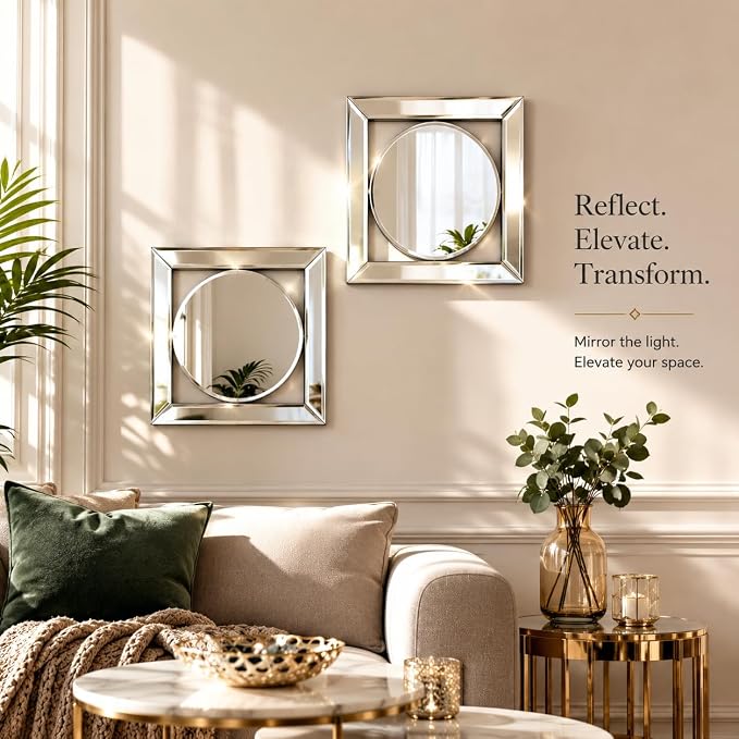 Square Decorative Wall Mirror 12 x 12 Inch, Silver Frameless Mirror Wall Decor with Beveled Edge, Modern Wall Mounted Accent Mirror for Living Room, Bedroom, Hallway, Set of 2 - Image 4