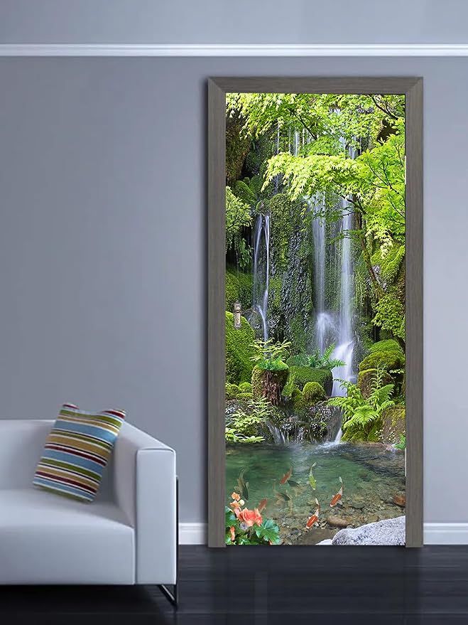 artfanke 3D Peel and Stick Door Sticker 33.5"x84.6"-Self-Adhesive Door Murals Wallpaper-Green Forest Waterfall Wall Decal for Home Decor (2 Sheets/Set) - Image 3