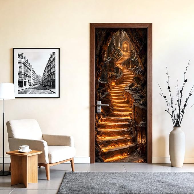 Glowing Cave Staircase Peel and Stick Door Mural 30.31x78.74 in | Glowing cave staircase fantasy scene; self-adhesive vinyl that smooths onto flat hallway or bedroom doors - Image 2