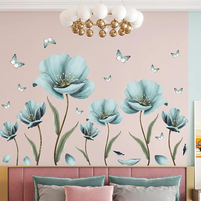 8 Sheets Creative Blue Flowers Wall Decal DIY Removable Painted Butterflies Wall Sticker Romantic Painting Art Mural Vinyl Peel and Stick for Home Living Room Bedroom Office Bathroom Wall Decoration - Image 5