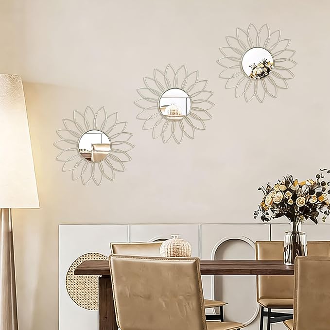 3 Pack Metal Mirrors for Wall Sunburst Wall Mirrors Home Décor Decorative Hanging Wall Art for Living Room Bedroom Entryway (Silver2, Flowers) - Image 3