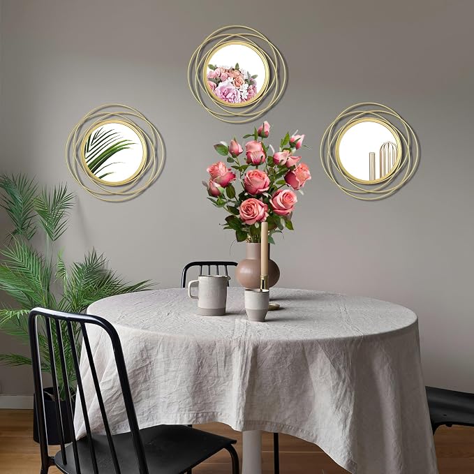 3 Set Round Mirrors for Wall Decor Living Room Bedroom Bathroom Dining Room Metal Circle Mirror Set Boho Decorative Sunburst Wall Art Accent Entryway - Gold 9.5 in - Image 3