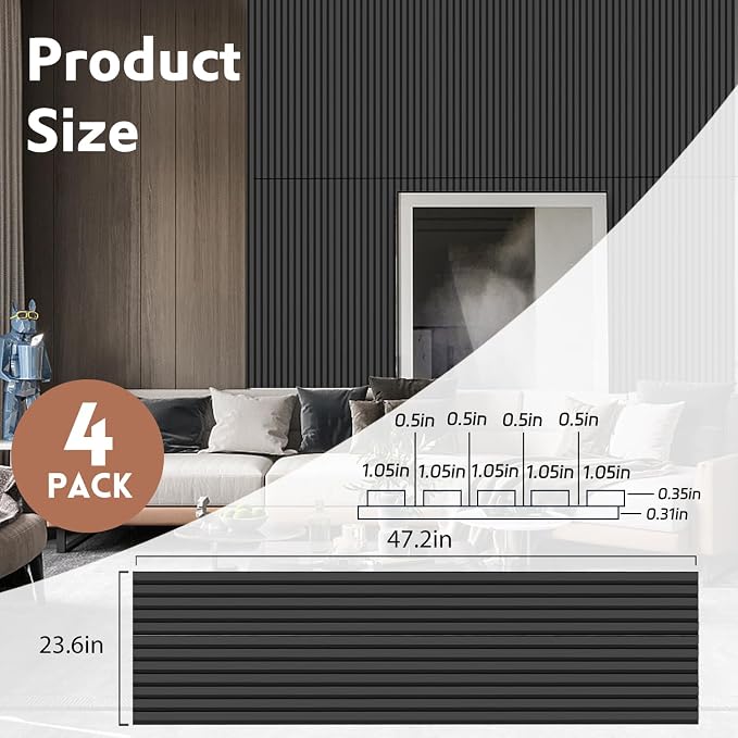 RITOLLO 4 Pack Wood Panels for Wall - 47.2"×23.6" Wood Slat Acoustic Panels for Wall, Soundproof Panels, 3D Fluted Panels for Interior Wall Decor (Matte Black) - Image 2