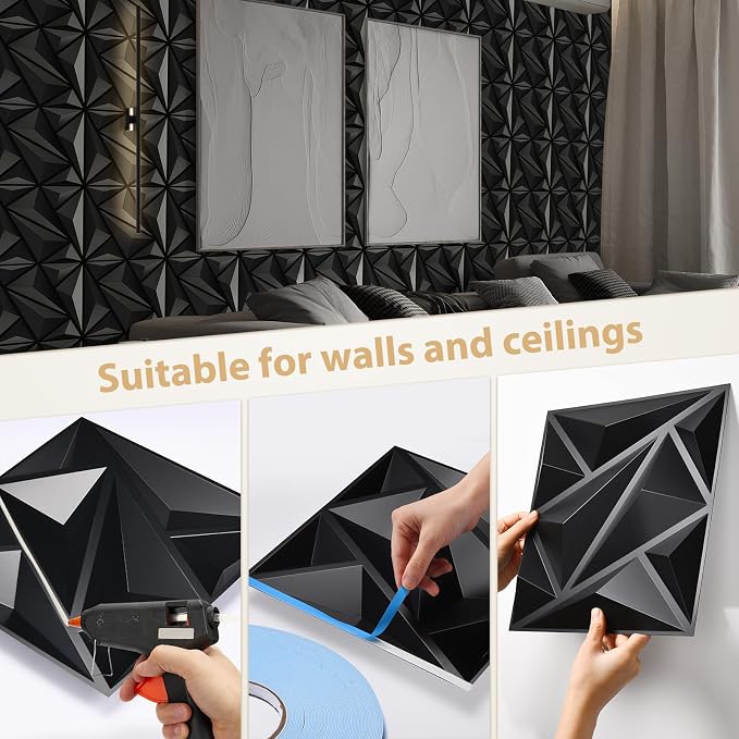 Heikki 30 Pack 3D Wall Panel for Interior Wall Décor, PVC Flower Textured Wall Panels for Living Room Bedroom Hotel Office, 11.8"x11.8", Double-sided Tape (Black-DJZ) - Image 3