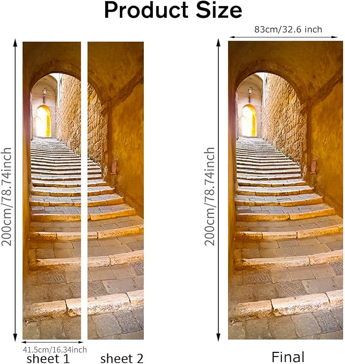 Door Stickers Peel and Stick Murals-Wall Cover Decorative DecalnStone Step | 30.3"W x 78.7"H, 3D Stone Steps Wallpaper，Waterproof Removable Opaque Vinyl Self Adhesive Fake Door Decor for Home Office - Image 2