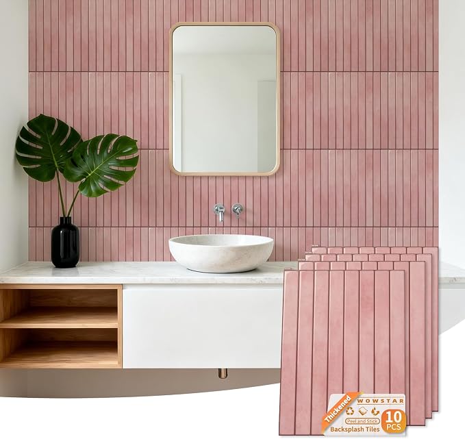 WOWSTAR 10-Sheet Thickened Pink Peel and Stick Backsplash for Kitchen, Back Splashes Stick on Tile, Waterproof Wall Tiles by WOWSTAR