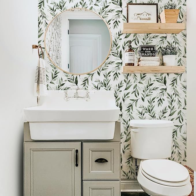 Livebor Leaf Wallpaper Peel and Stick Green Contact Paper17.7” x 196.8” | Sage Green Peel and Stick Wallpaper Adhesive Shelf Liner Wall Paper for Bathroom Neutral Olive Wallpaper Decorative Vinyl - Image 3
