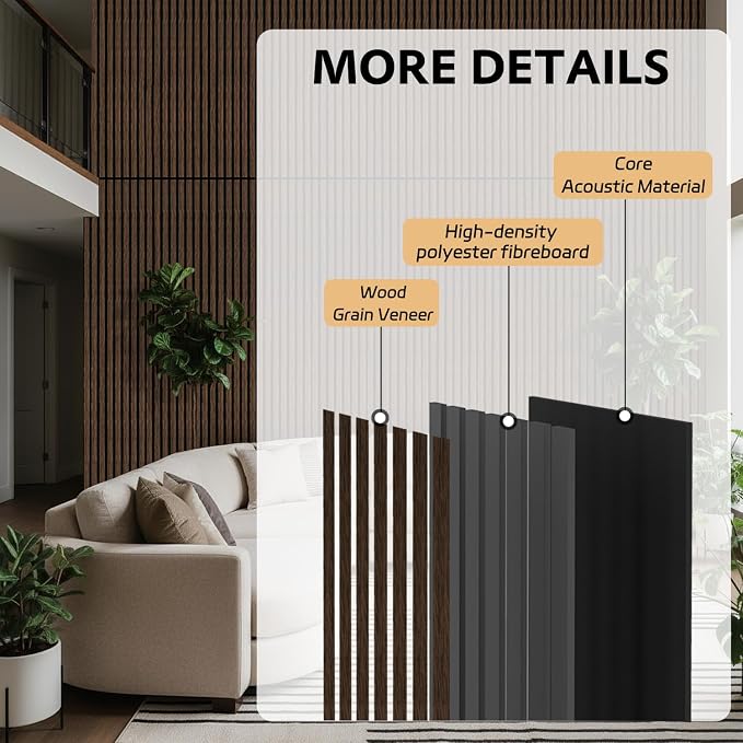 4 Pack Wood Panels for Wall, 106.3" × 11" Wood Slat Acoustic Panels for Wall, Soundproof Panels, 3D Fluted Panels for Interior Wall Decor (Dark Walnut) - Image 4