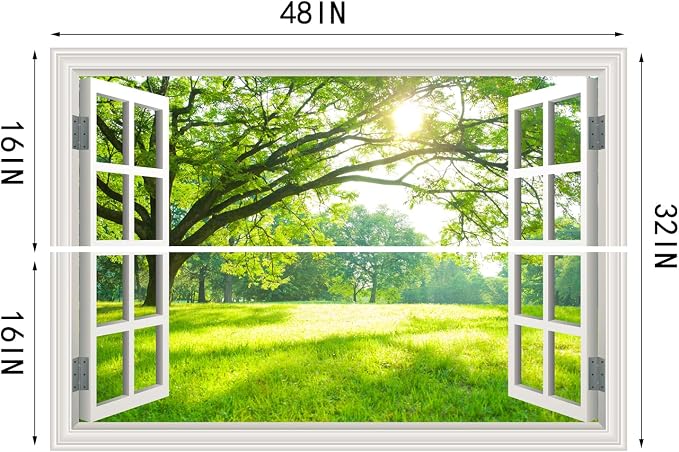 Fake Window Wall Mural Green Forest Tree Wall Art Poster Faux Window Wall Sticker for Office Home Room Decor, Peel and Stick Wall Decals 48" x 32" Set of 2 Sheets - Image 6