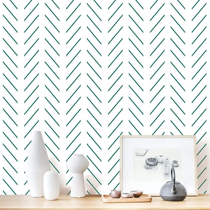 Erfoni Peel and Stick Wallpaper Green Herringbone Wallpaper for Bathroom | 17.7in x 118.1in Modern Geometric Removable Contact Paper Green and White Line Peel Stick Self Adhesive Wallpaper for Walls by Erfoni