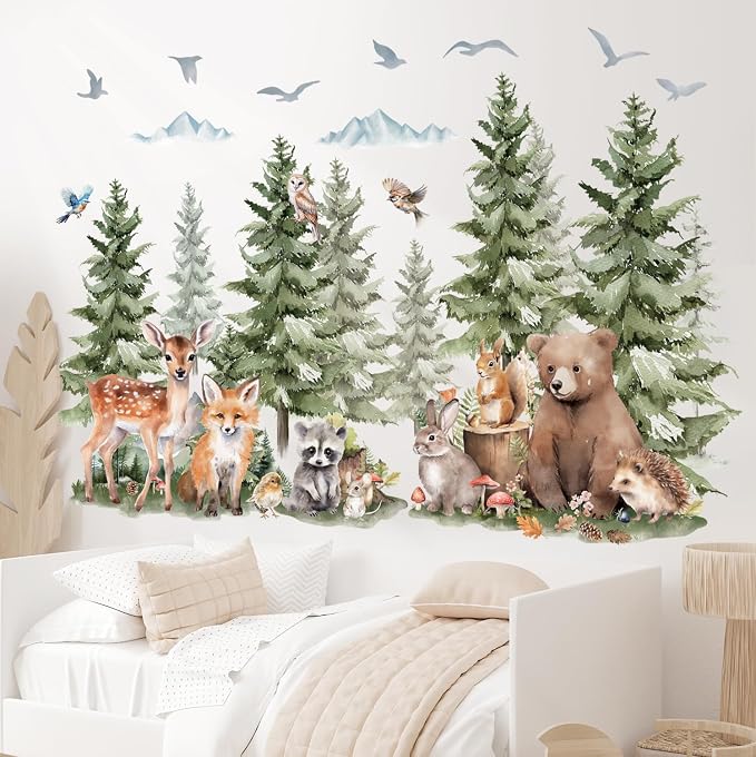 DECOWALL Large Watercolor Pine Tree Woodland Animals Wall Decals (SG4-2422) - Image 3