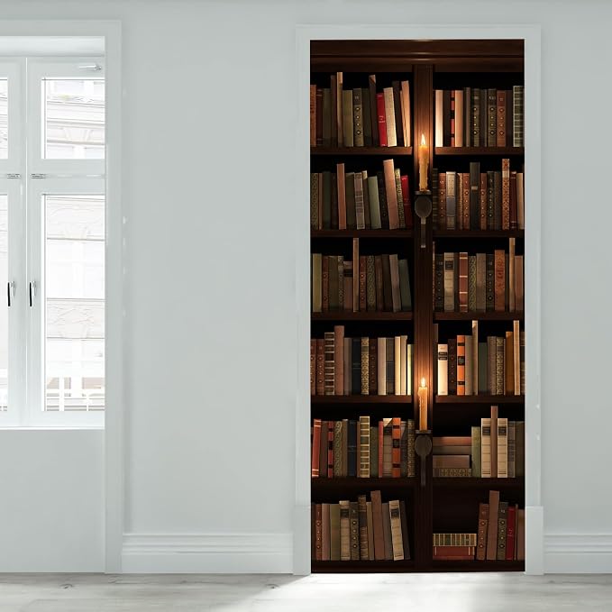artfanke 3D Retro Book Shelf Door Sticker Peel and Stick 33.5"x84.6" - Self-Adhesive Door Murals Wallpaper Waterproof PVC Wall Decal for Bedroom Decor (2 Sheets/Set) - Image 3