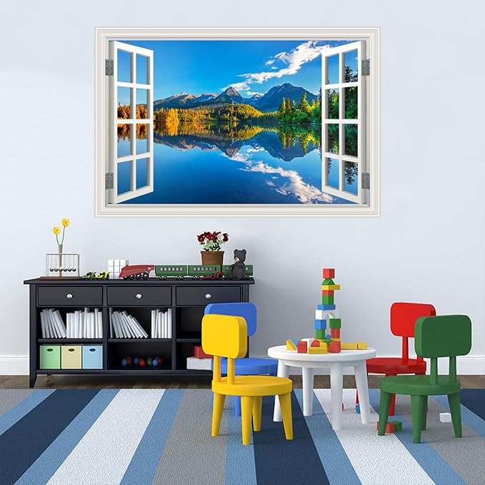 Fake Window Wall Decal- Summer Mountains Lake Forest Open Art Sticker | Faux Window Natural Scenery Landscape Mural ｜ Stick and Peel Wall Decals｜Room Bedroom Office Decor｜48"x32",Set of 2 Sheets - Image 6