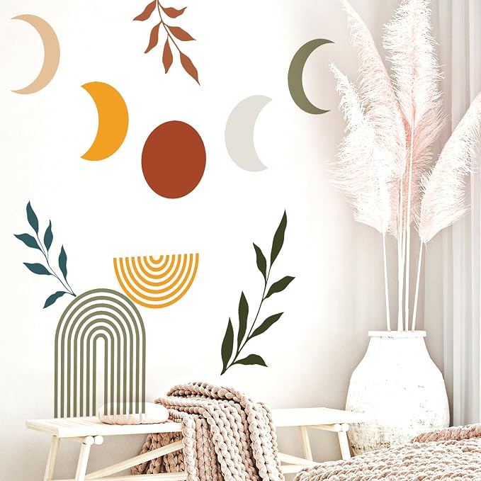 Boho Mid-Century Sun and Moon Wall Decals Peel and Stick, Large Arch Vinyl Wall Stickers, Removable Leaves Home Decor Art for Bedroom Living Room Classroom Office - Image 9