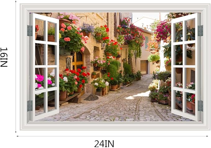Fake Window Wall Decals Spring Italy Rose Alley Flower Wall Art Sticker | ｜Faux Window Natural Scenery Landscape Mural ｜ Stick and Peel Wall Decal｜for Room Bedroom Office Scene Picture Decor｜24"x16" - Image 2