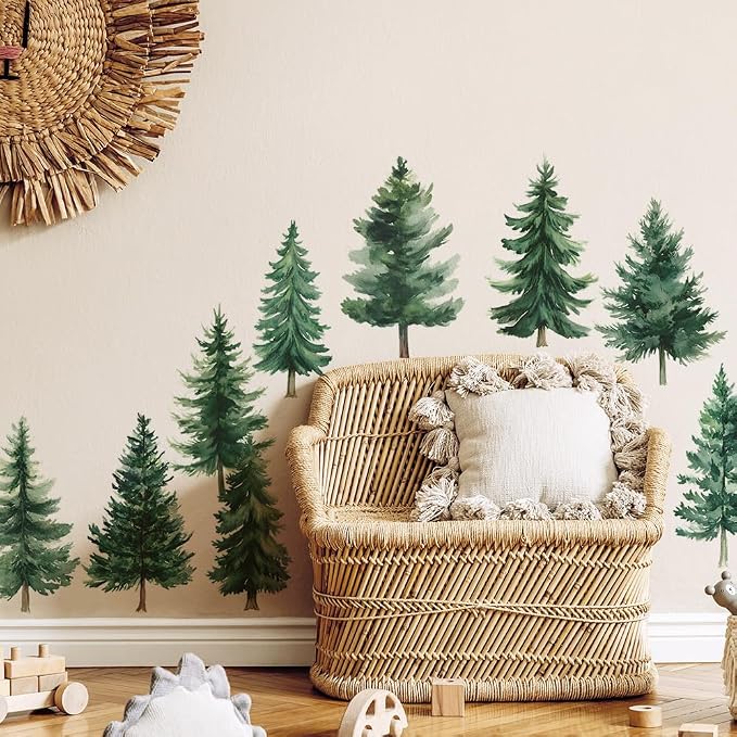 Watercolor Pine Tree Wall Decals Green Pine Tree Wall Sticker Forest Nature Woodland Home Decor for Nursery Bedroom Living Room - Image 4