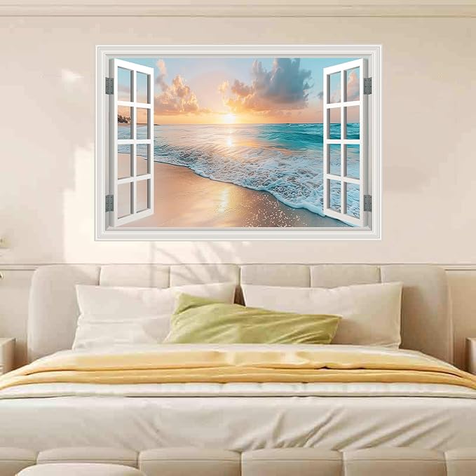 Fake Window Wall Mural Sunset Beach Scene, 24" x 16" | Faux Window Wall Sticker, Peel and Stick, For Office Home Room Decor, Art Poster - Image 2