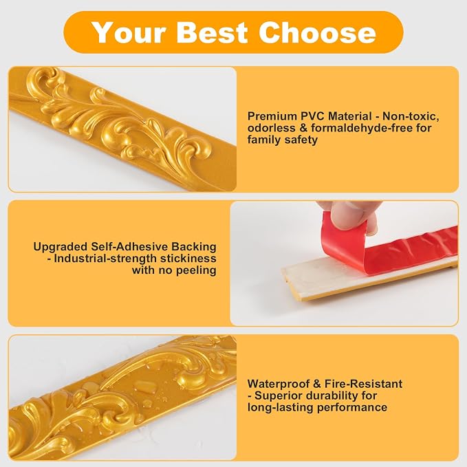 3 Pack 16.4FT Gold Peel and Stick Crown Molding Trim Kit – Self-Adhesive Decorative Trim for Mirror Borders, Doors & Cabinets - Image 3