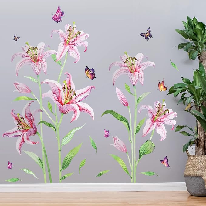 Pink Lily Flowers Wall Sticker Lifelike Romantic Lilys Floral Wall Decals Color Butterfly Green Stem Leaves Removable Art Decor for Home Living Room Girls Bedroom Playroom Bathroom Nursery by LiveGallery