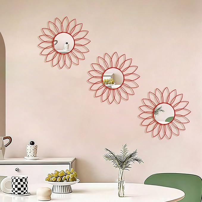 3 Pack Metal Mirrors for Wall Sunburst Wall Mirrors Home Décor Decorative Hanging Wall Art for Living Room Bedroom Entryway (Red, Flowers) - Image 3