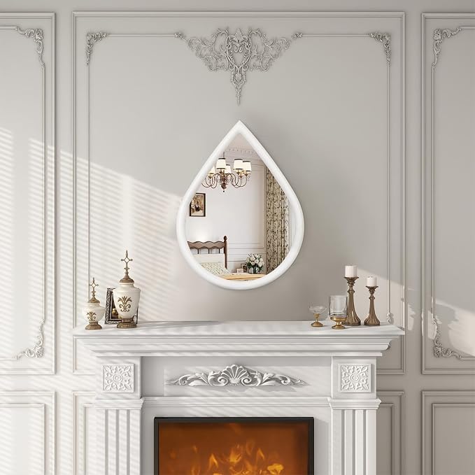 Small Wall Mirror Wood Framed Decorative Mirror White Teardrop Hanging Mirrors Unique Vanity Mirror for Bedroom Bathroom Living Room - Image 2