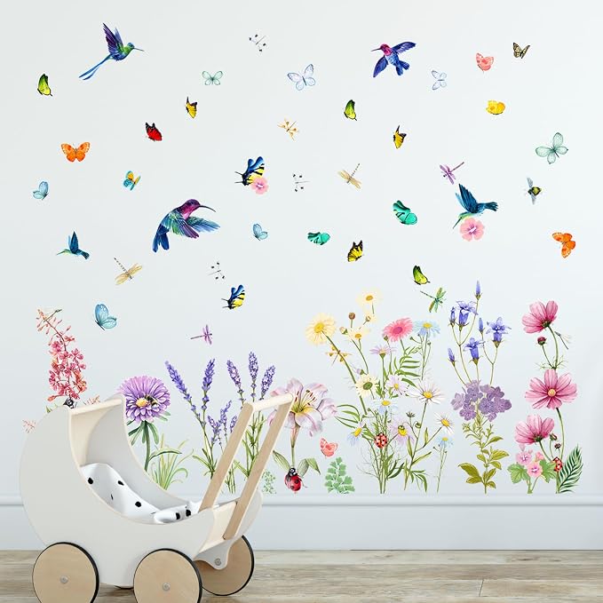 Supzone Flowers Butterflies Wall Decals Chrysanthemums Dragonflies Wall Stickers Peel and Stick Colorful Flower Stickers Elegant Wall Stickers & Murals for Girls Bedroom, Living Room Decor - Image 2