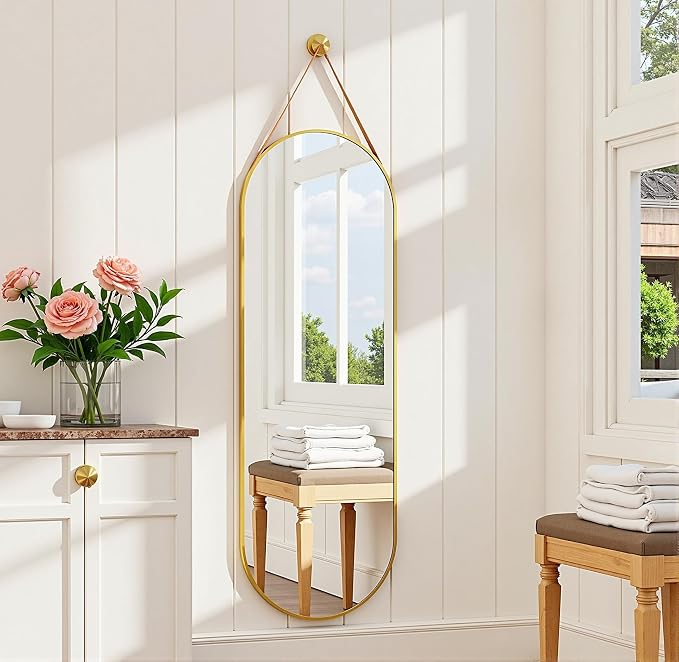 Dewfig 48"x16" Full Length Mirror, Oval Wall Mirror, Leather Strap, Gold by YourSpacePerfectlyReflected