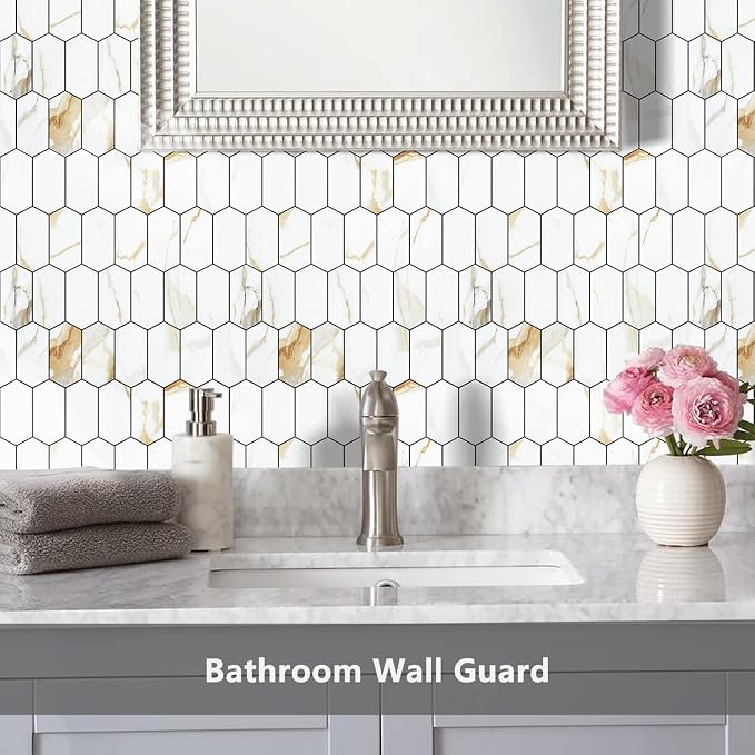 Vamos Tile Long Hexagon Peel and Stick Backsplash Tile - 10 Sheets Stick on Backsplash for Kitchen and Bathroom 12.4 x 12 Inch Calacatta Gold PVC Self Adhesive Mosaic Wall Tiles - Image 6