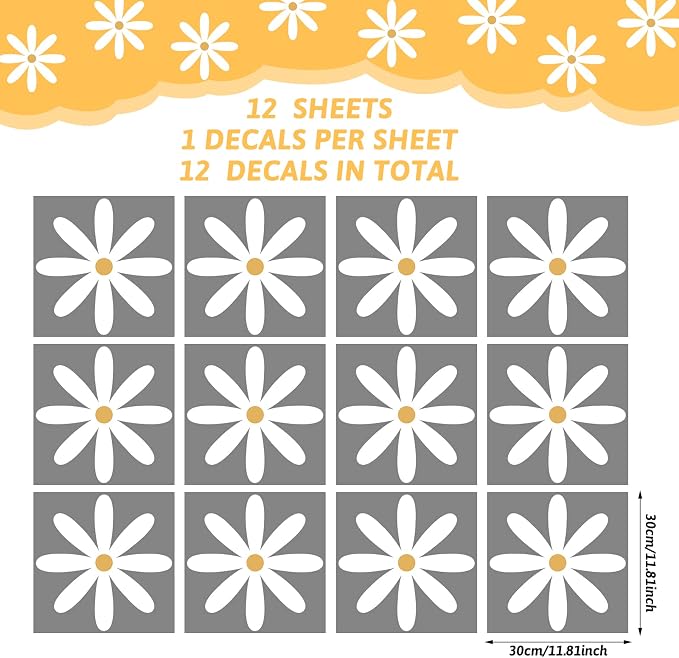 TaoBary 12 Sheet Daisy Wall Sticker Decal,White, Yellow,Fresh Style | Big Flower Wall Sticker, Pink White Floral Decal, Daisy Bedroom Room Decor, Removable Peel and Stick, Nursery Home Wall Decor - Image 2