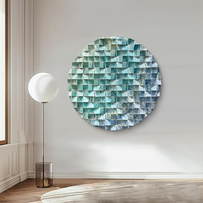 LIUZEYUE - Large blue-green-gold patterned triangular wooden block wall art piece. Modern living room eye-catching wooden decorative item 31.5" - Image 5
