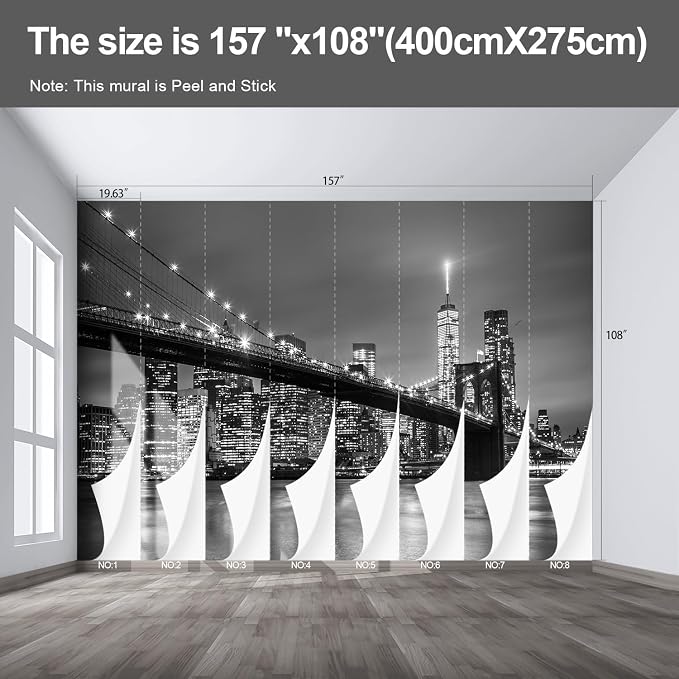 Gray Brooklyn Bridge at Night NYC Large wall murals new york Peel and Stick self Adhesive Wallpaper for Bedroom Living Room - 108"x157" - Image 2