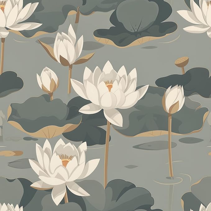 Lotus Flower Peel and Stick Wallpaper, Elegant Asian Botanical Water Lily Design (Gray-Green) Classic Plants for Home Decor | 17.7" x 118", Self-Adhesive, Waterproof Vinyl by Unknown