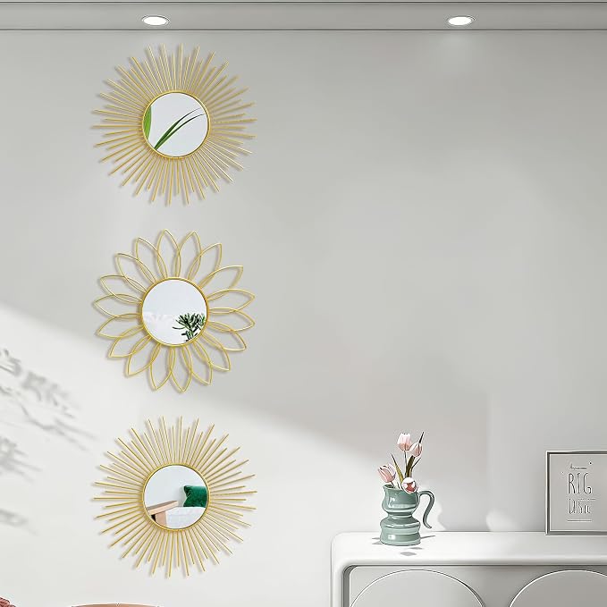 3 Pack Metal Mirrors for Wall Sunburst Wall Mirrors Home Décor Decorative Hanging Wall Art for Living Room Bedroom Entryway (Gold2, Flower+Sunburst) - Image 4