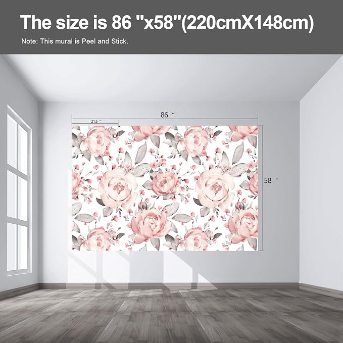 Pink Peony Floral wall murals Peel and Stick self Adhesive Flowers Wallpaper for Bedroom Living Room - 58"x86" - Image 2