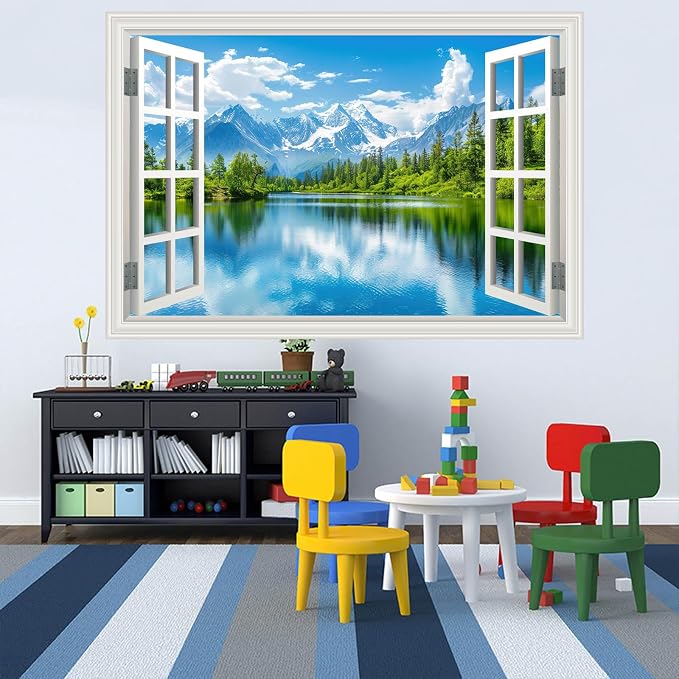 Large Murals 66"x48" Fake Window Wall Mural Sticker Mountain Lake Forest Tree Faux Window Wall Cling Art Picture Office Poster Decals Decor, Stick and Peel Landscape Natural Scenery Scene - Image 9