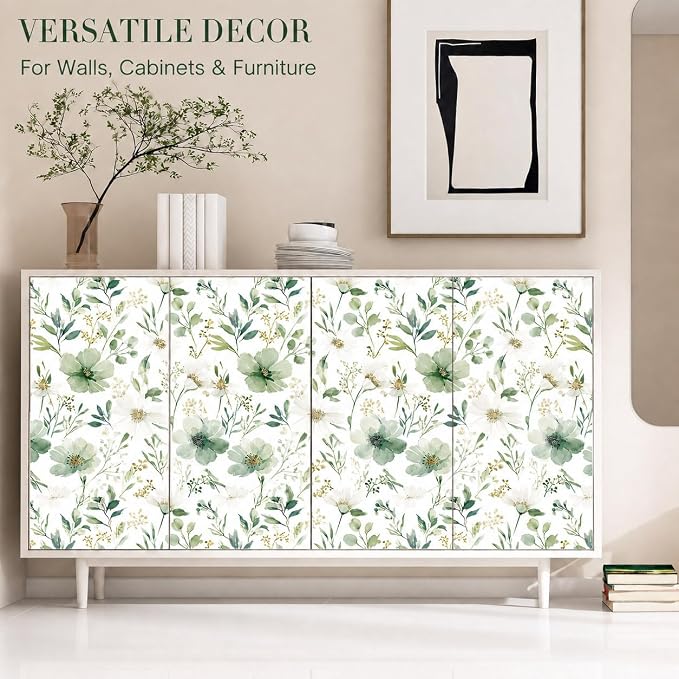 Sage Green Floral Peel and Stick Wallpaper 17.7" x 393.7" | Thick removable watercolor natural flower design for renters and bedroom accent walls - Image 9
