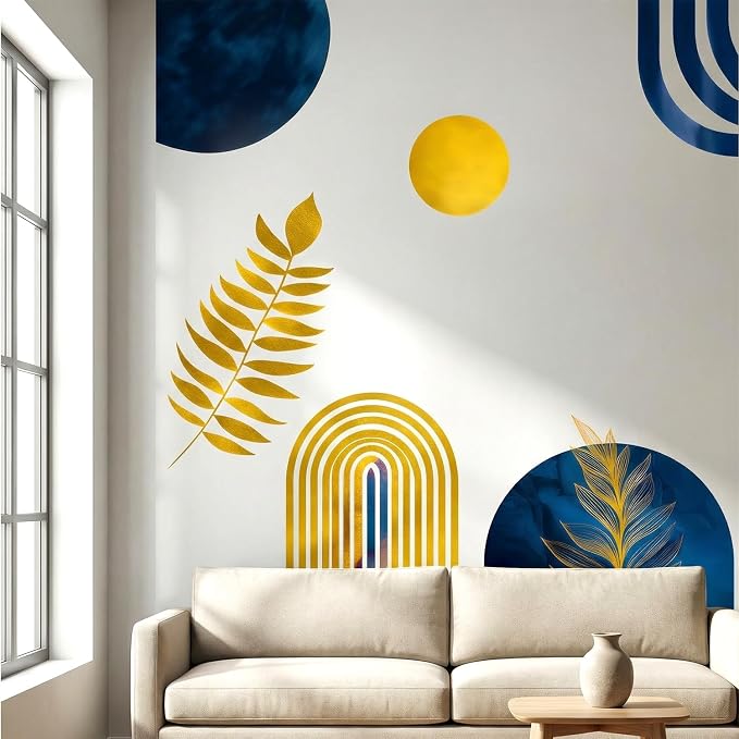 Boho Mid-Centry Morden Abstract Arch Palm Leaf Geometric Wall Decals Decor | Luxury navy blue gold abstract palm leaves botanical circle removable vinyl wall stickers mural for living room bedroom - Image 3