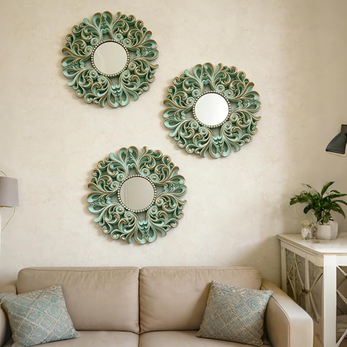 DXYAKY 3 Pack Floral Ornate Decorative Wall Mirror - Elegant Mint Green with Gold Accents, 9.8" Plastic Round Mirror Set, Lightweight Wall Art Décor for Bedroom, Bathroom, Living Room & Entryway - Image 2