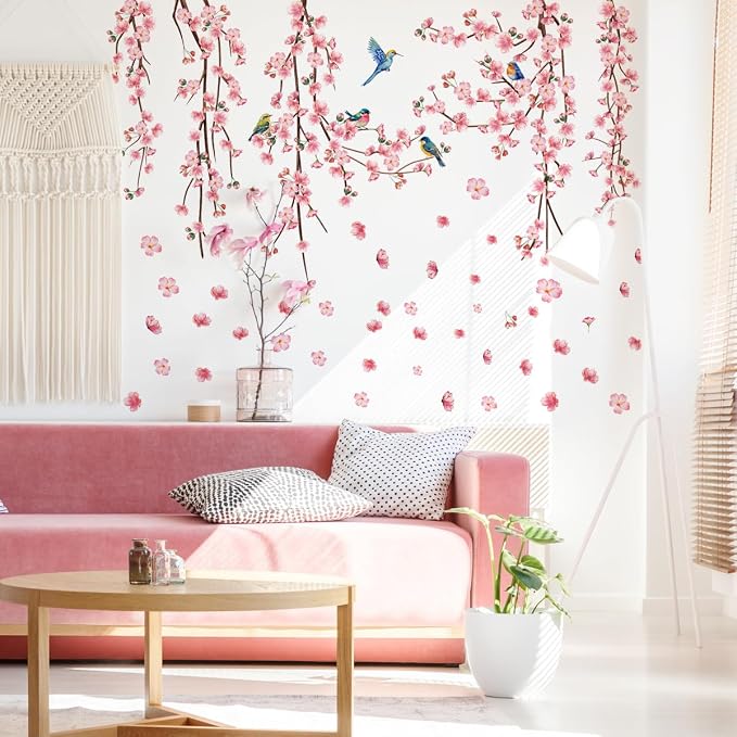 9 Sheets Cherry Blossom Decor Wall Decals Peel and Stick Pink Room Decor for Girls Bedroom Large Removable Wall Stickers & Murals Vinyl Car Decals for Women Living Room Office Vine Bird Art Clings - Image 2