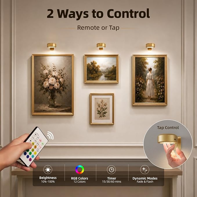 EZVALO Picture Lights for Wall, 2000mAh Rechargeable Battery Magnetic Poster Lights with 3 Color Temps & 12 RGB, Remote Dimmable Timer Painting Light, Wall Decor Light for Art Display, Frame (3 Pack) - Image 7