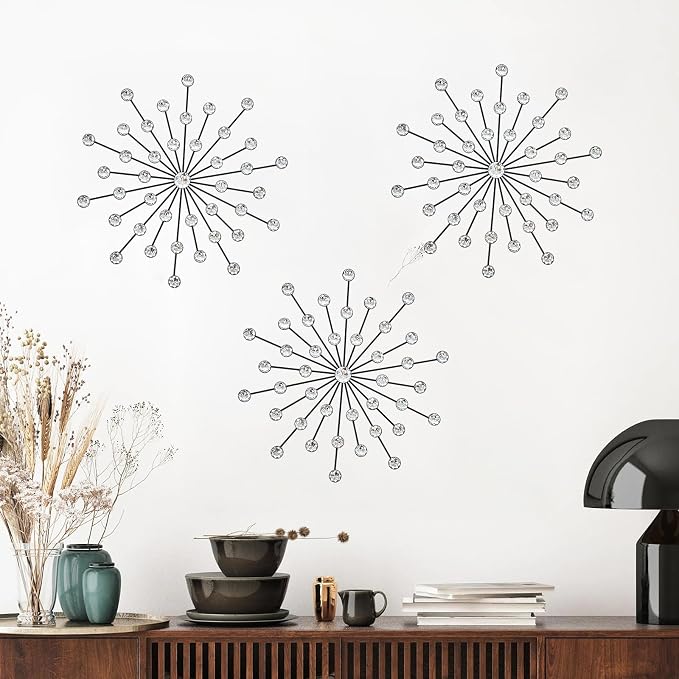 ZEXUIRU 3 Set Black Starburst Wall Art for Home Decor Metal Bling Crystal Rhinestones Sunburst Wall Decor Sparkling Rhinestone Art Accent Black - 13in by ZEXUIRU