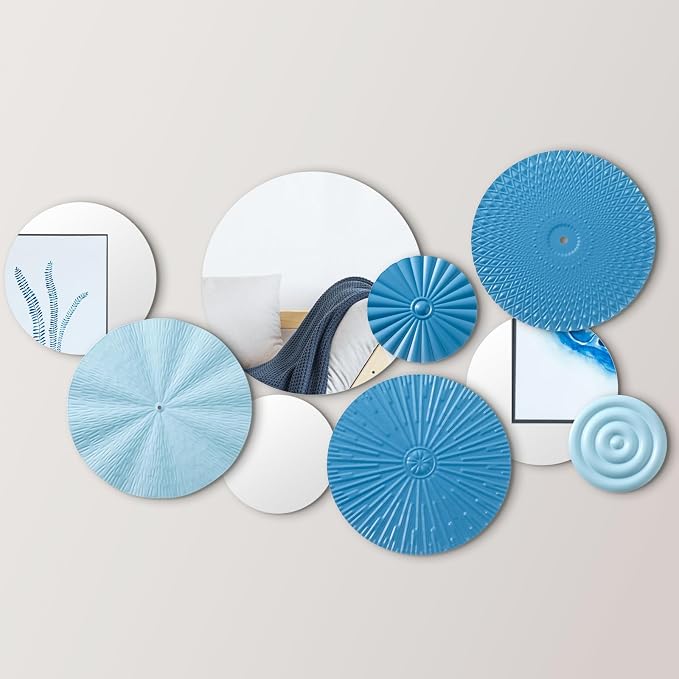 Blulu 9 Pcs Blue Mirror Wall Decor Metal Round Home Art Decor Decorative Modern Circle Mirror Wall Art Sculpture Hanging Decorations for Home Living Room Office by Blulu