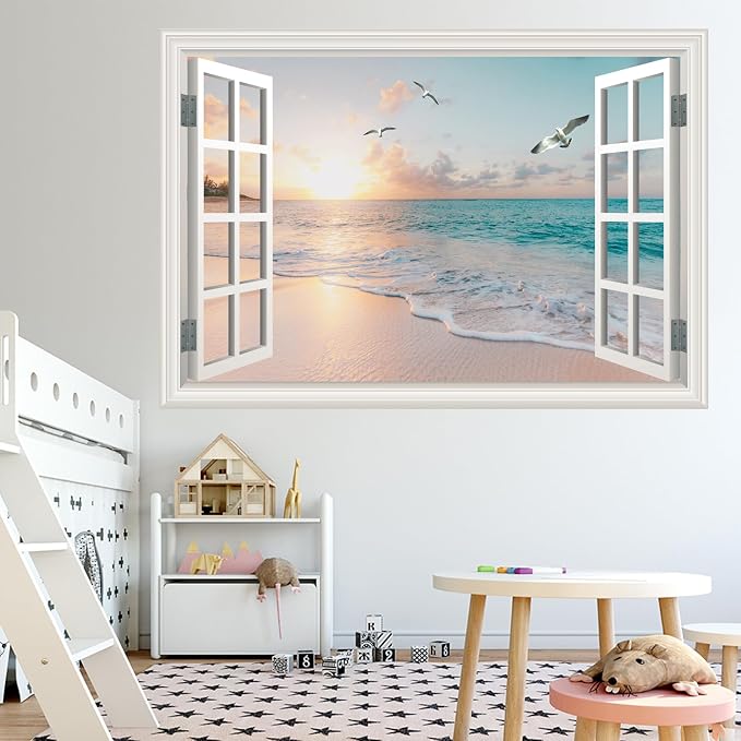 Large Murals 66"x48" Fake Window Wall Decal Summer Beach Seascape Faux Window Sticker Office Poster Picture Art Decor，Stick and Peel Natural Scenery Landscape Coastal Ocean Scene Mural ﻿ - Image 8